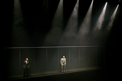 Production still for "Eldorado". L-R: Robert Menzies as Aschenbrenner, Greg Stone as Anton. Photographer: Jeff Busby