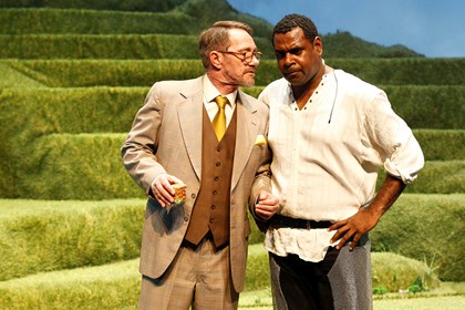 Production still for "The Dragon". L-R: Kim Gyngell as The Mayor, Jimi Bani as Lancelot. Photographer: Jeff Busby