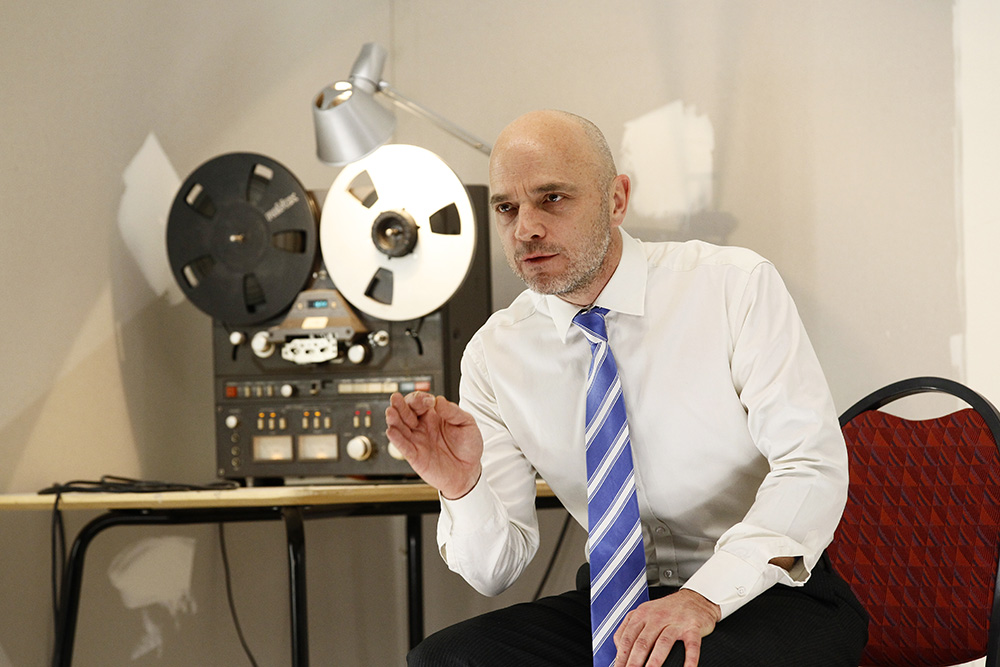 Production still for "On the Misconception of Oedipus". Daniel Schlusser as Laius. Photographer: Jeff Busby