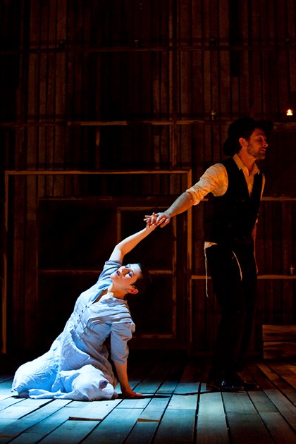 Production still for "A Golem Story". L-R: Yael Stone as Ahava, Dan Spielman as Amos. Photographer: Pia Johnson