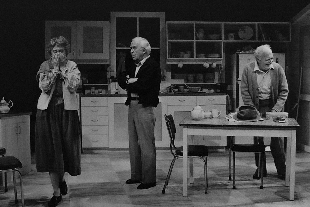 Production still for "Alive and Kicking". L-R: Patricia Kennedy as Rebecca, Brian James as Stan, Robin Cuming as Alan. Photographer: Unknown