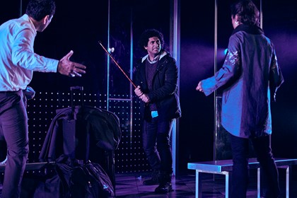 Production still for "Good Muslim Boy". L-R: Rodney Afif, Osamah Sami, Nicole Nabout. Photographer: Tim Grey