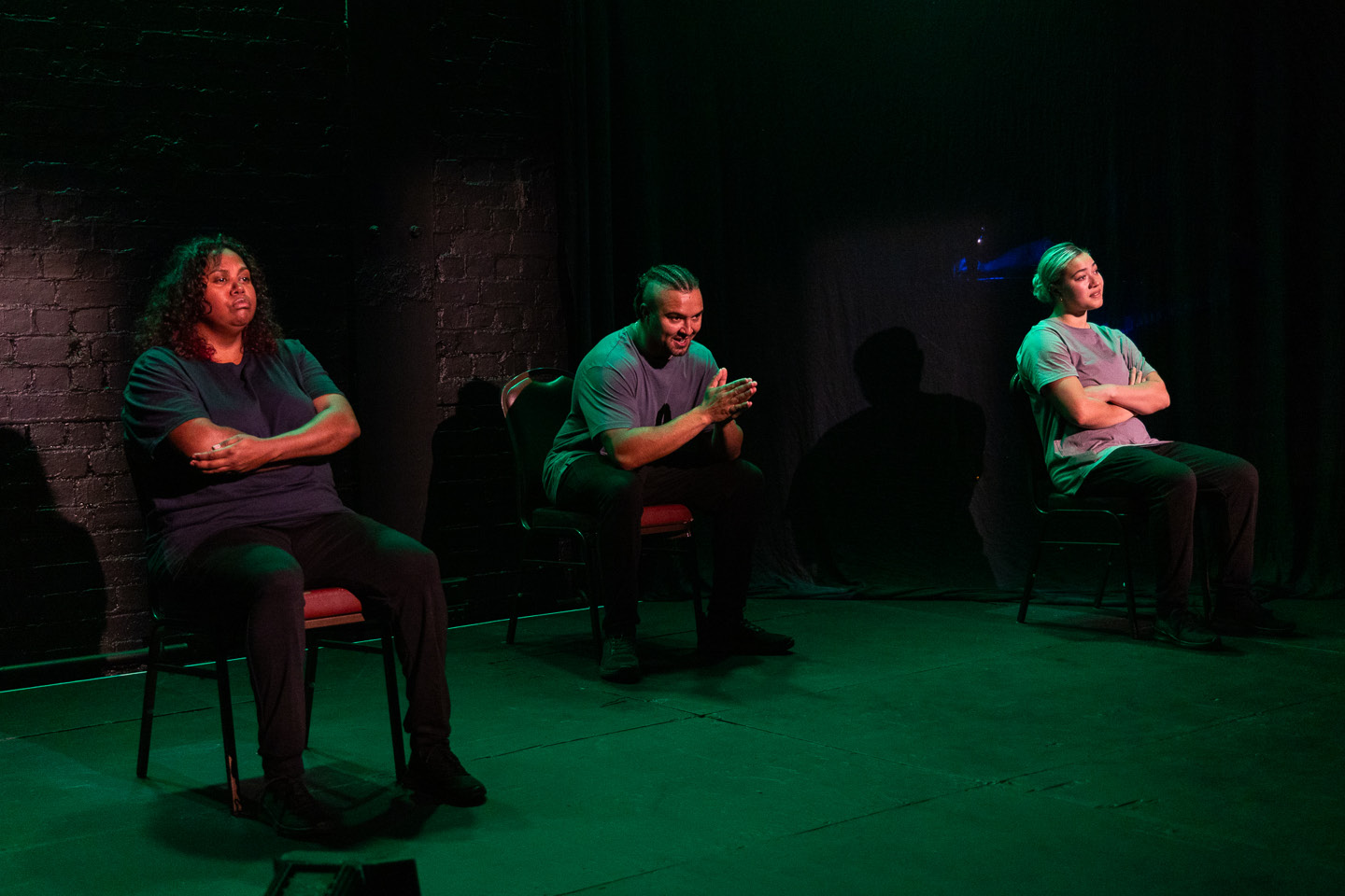 Production still for the 2023 Season of 'Whose Gonna Love 'Em? I am that i AM' In Photo: Maurial Spearim, Corey Saylor-Brunskill, Maggie Church-Kopp. Photographer: Jacinta Keefe