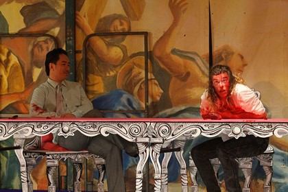 Production still for "'Tis Pity She's a Whore". L-R: Anthony Brandon Wong as Vasques, Benedict Samuel as Vasques. Photographer: Jeff Busby