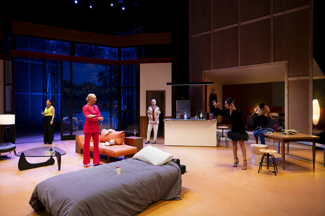 Production still for the 2023 season of 'This is Living.' In photo: Maria Theodorakis, Belinda McClory, Marcus Mckenzie, Wil King, and Michelle Perera. Photographer: Kristin Gehradte 