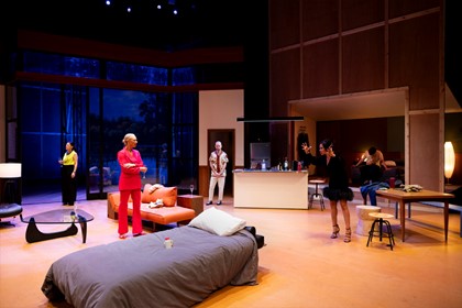 Production still for the 2023 season of 'This is Living.' In photo: Maria Theodorakis, Belinda McClory, Marcus Mckenzie, Wil King, and Michelle Perera. Photographer: Kristin Gehradte 