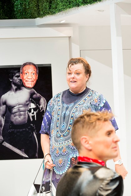Production still for "The Homosexuals, or "Faggots"". L-R: Genevieve Lemon as Diana, Simon Corfield as Kim. Photographer: Brett Boardman