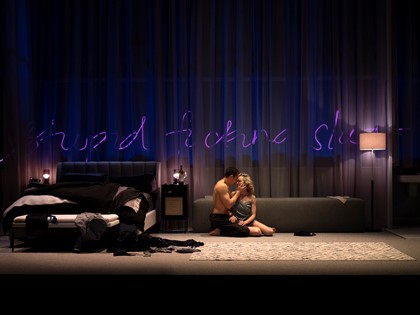 Production still for the 2022 Season of 'Anna K'. L-R: Callan Colley, Caroline Craig. Photographer: Pia Johnson