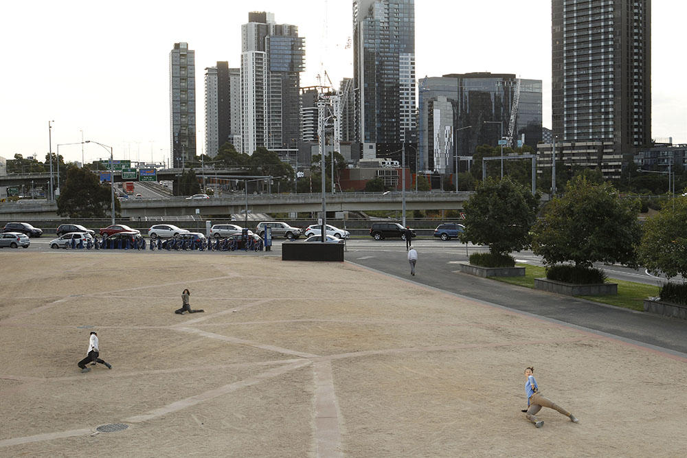 Production still for "Depth of Field". L-R: James Vu Anh Pham, Niharika Senapati, Tara Jade Samaya. Photographer: Jeff Busby