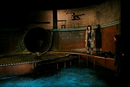 Production still for "Knives in Hens". L-R: Dan Spielman as Gilbert Horn, Kate Box as the Young Woman. Photographer: Jeff Busby