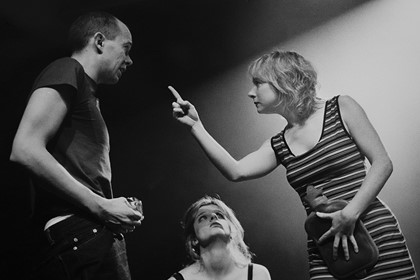 Production still for "Baby X". L-R: James Wardlaw as Adam, Fiona Todd as Georgie, Mandy McElhinney as Evelyn. Photographer: Jeff Busby
