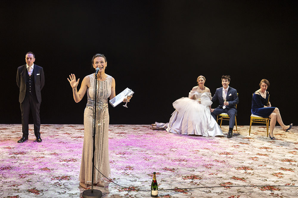 Production still for "Melancholia". L-R: Steve Mouzakis, Leanna Walsman, Eryn Jean Norvill, Gareth Yuen, Maude Davey. Photographer: Pia Johnson