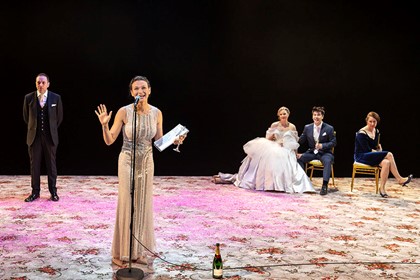 Production still for "Melancholia". L-R: Steve Mouzakis, Leanna Walsman, Eryn Jean Norvill, Gareth Yuen, Maude Davey. Photographer: Pia Johnson