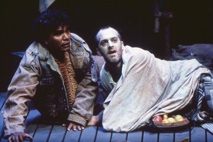 Production still for "The Head of Mary". L-R: Tom E. Lewis, Greg Stone. Photographer: Jeff Busby