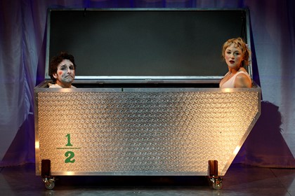 Production still for "Optimism". L-R: Frank Woodley, Caroline Craig. Photographer: Jeff Busby