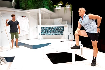 Production still for "The Homosexuals, or "Faggots"". L-R: Simon Corfield as Kim, Simon Burke as Warren. Photographer: Brett Boardman