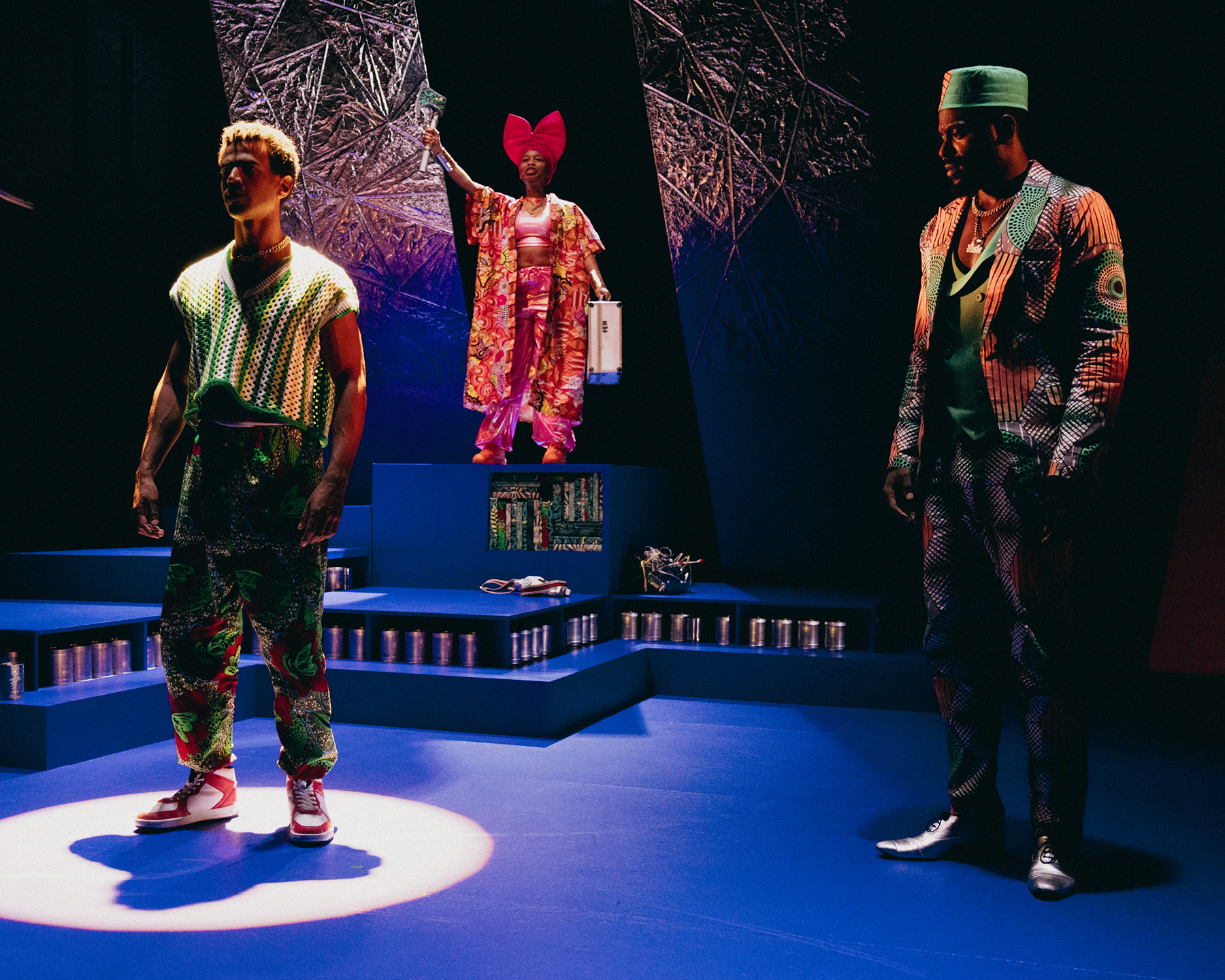 Production Photography from WHO NO KNO GO KNO (2024). Photographer: Wani Toaishara. In photograph: Tane Williams Accra, Masego Pitso & Alpha Kargbo