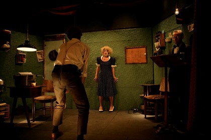 Production still from "The Black Swan of Trespass". L-R: Christopher Brown, Jaclyn Bassanelli. Photographer: Jeff Busby