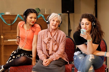 Production still for "Hello, Goodbye and Happy Birthday. L-R: HaiHa Le, Evelyn Krape, Diana Perini. Photographer: Jeff Busby