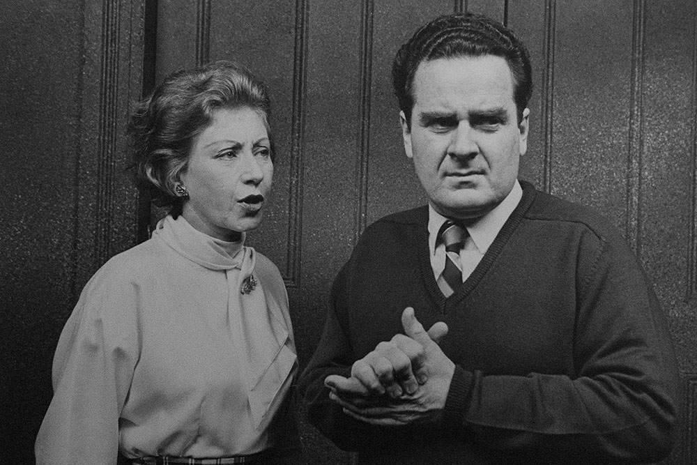 Production still for "Hate". L-R: Pat Bishop as Eloise, Denis Moore as Raymond. Photographer: Jeff Busby