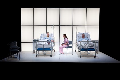 Production still for "Pompeii, LA". L-R: David Harrison, Anna Samson, Greg Stone. Photographer: Pia Johnson