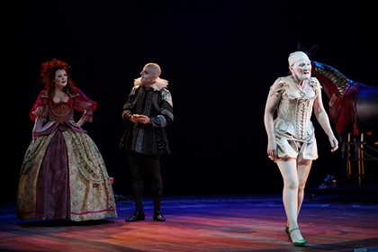 Production still for "Elizabeth, Almost by Chance a Woman". L-R: Nikki Shiels as Martha, David Woods as Egerton, Julie Forsyth as Elizabeth. Photographer: Jeff Busby 