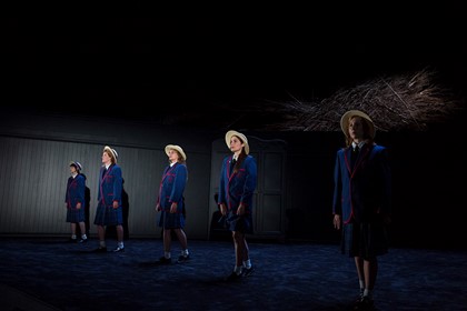Production still for "Picnic at Hanging Rock". L-R: Arielle Gray, Nikki Shiels, Amber McMahon, Elizabeth Nabben, Harriet Gordon-Anderson. Photographer: Pia Johnson