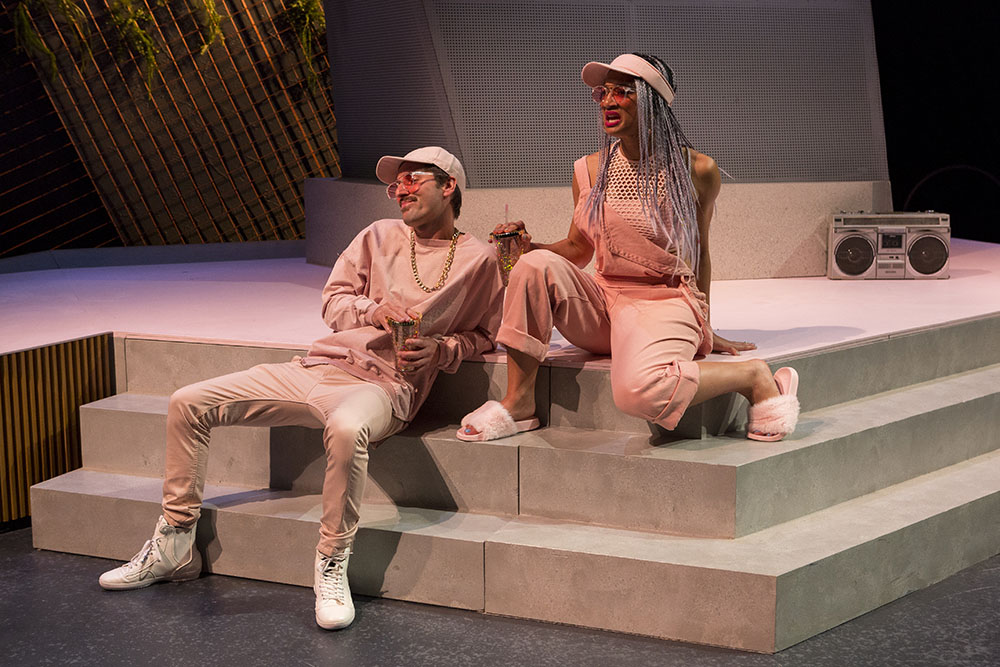 Production still from the STC season of "Going Down". L-R: Paul Blenheim, Naomi Rukavina. Photographer: Brett Boardman