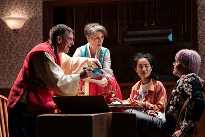 Production still for the 2022 Season of 'K-BOX'. L-R: Syd Brisbane, Maude Davey, Susanna Qian, Jeffrey Liu. Photographer: Phoebe Powell