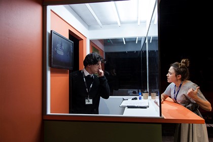 Production still for "A Social Service". L-R: David Woods, Nicola Gunn. Photographer: Pia Johnson