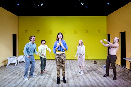 Production still for "The Temple". L-R: Ash Flanders, Aljin Abella, Mish Grigor, Genevieve Giuffre, Marcus McKenzie. Photographer: Pia Johnson