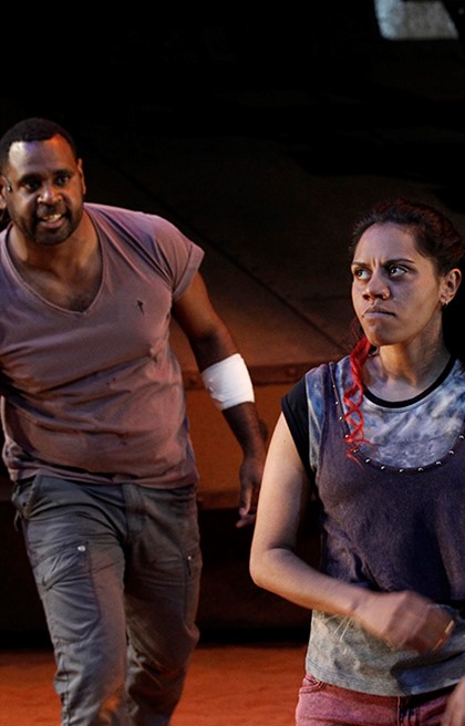 Production still for "The Shadow King". L-R: Jimi Bani, Natasha Wanganeen. Photographer: Jeff Busby