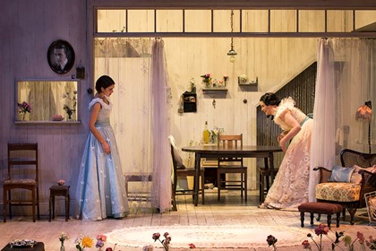 Production still for "The Glass Menagerie". L-R: Rose Riley as Laura Wingfield, Pamela Rabe as Amanda Wingfield. Photographer: Pia Johnson