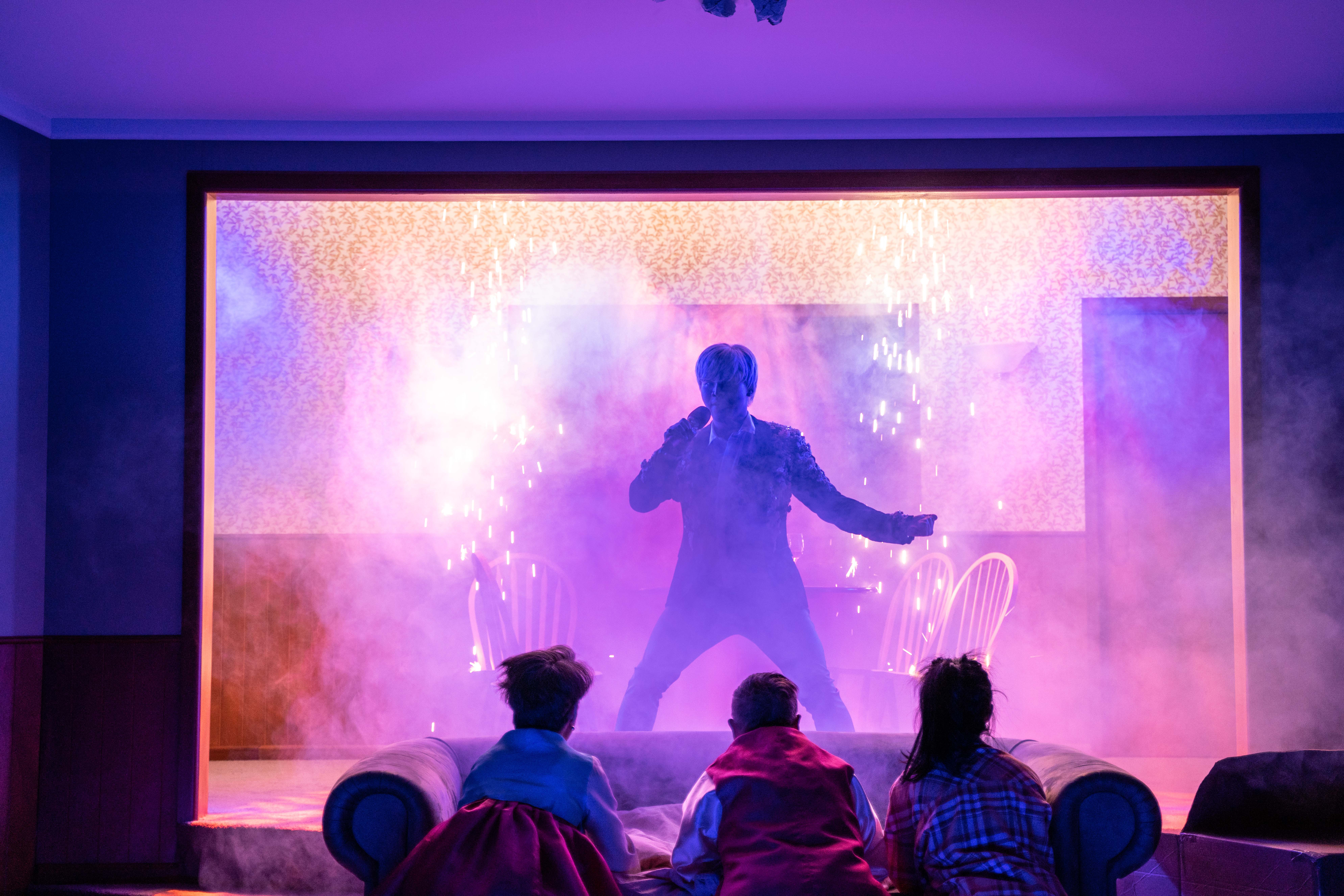 Production still for the 2022 Season of 'K-BOX'. L-R: Maude Davey, Jeffrey Liu (singing), Syd Brisbane, Susanna Qian. Photographer: Phoebe Powell