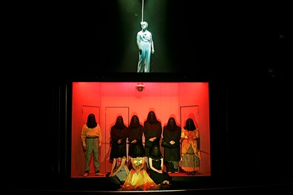 Production still for "The Threepenny Opera". Eddie Perfect as MacHeath (top). Photographer: Jeff Busby