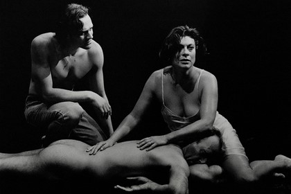 Production still for "The Glass Mermaid". L-R: Dino Marnika as Janko, Cathy Downes as Sara, William Gluth as Julian. Photographer: Jeff Busby