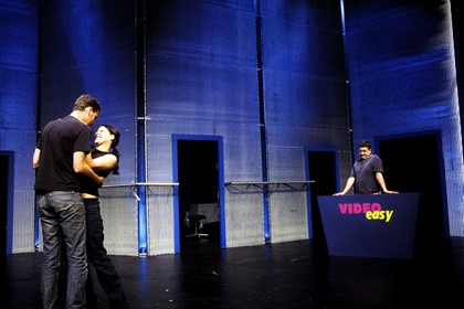 Production still for "The Fat Boy". L-R: Joseph Manning as James, Melia Naughton as Megan, Tim Richards as Trevor. Photographer: Jeff Busby