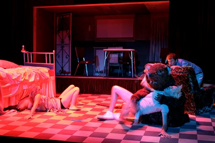 Production still for "Furious Mattress". L-R: Kate Kendall as Else, Thomas Wright as Max, Robert Menzies as Pierce. Photographer: Jeff Busby