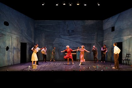 Production still for "Cloudstreet". L-R: BRenna Harding, Bert LaBonté, Ian Michael, Mikayla Merks, Natasha Herbert, Arielle Gray, Alison Whyte, Greg Stone, Benjamin Oakes, Guy Simon. Photographer: Pia Johnson