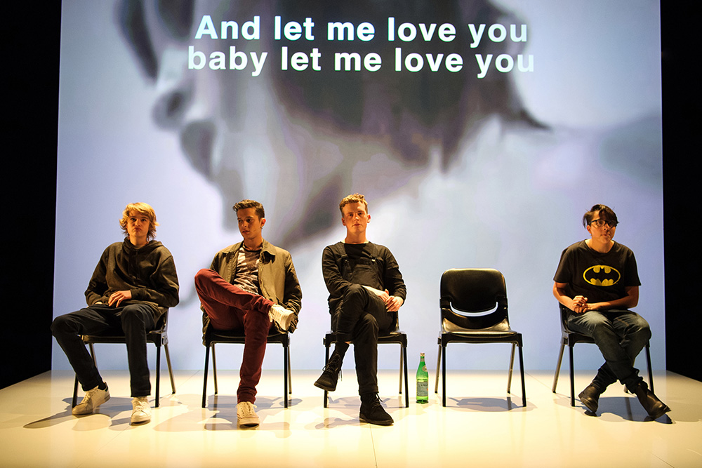 Production still for "Gonzo". L-R: Sol Rumble, Ari Long, Sam Salem, Jack Palit. Photographer: Sarah Walker