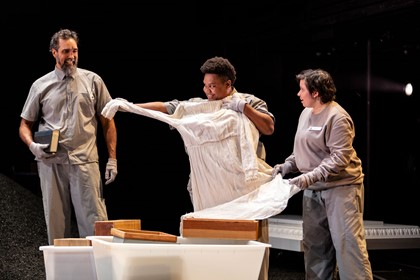 Production still for the 2022 Season of 'The Return'. L-R: Damion Hunter, Ghenoa Gela, Angelica Lockyer. Photographer: Pia Johnson