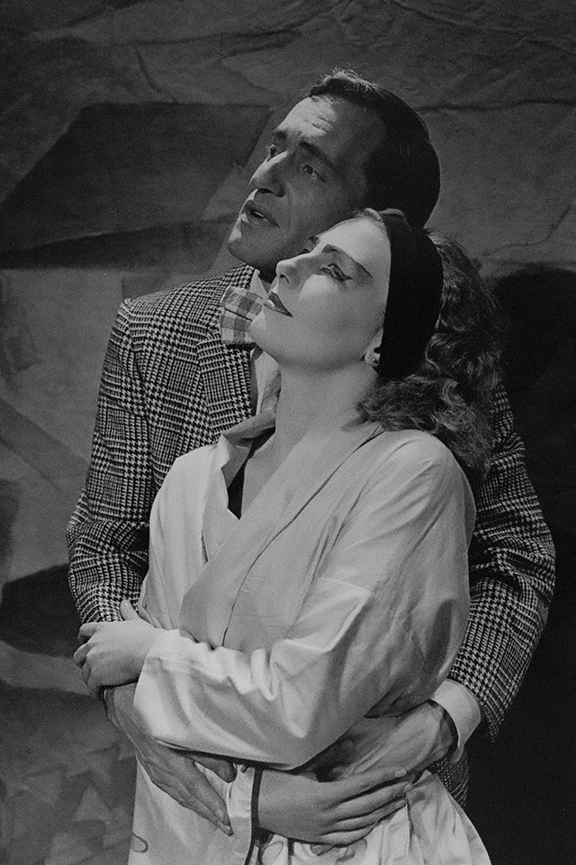 Publicity still for "Bertolt Brecht Leaves Los Angeles". L-R: Robert Harrison as Pinkerton, Lisa Waters as Butterfly. Photographer: Jeff Busby