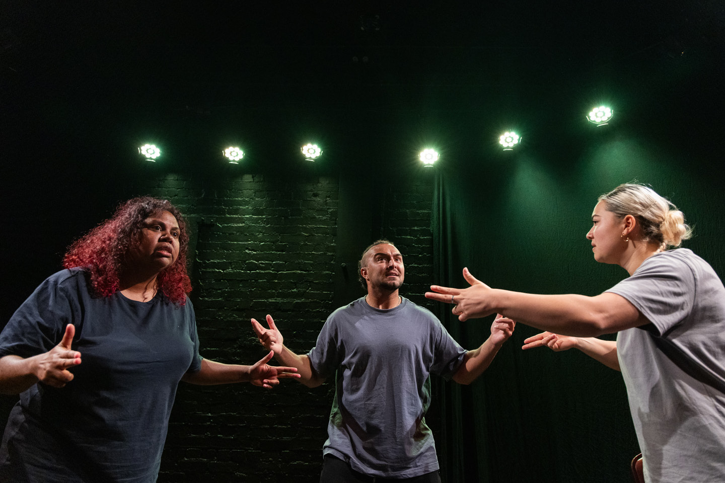 Production still for the 2023 Season of 'Whose Gonna Love 'Em? I am that i AM' In Photo: Maurial Spearim, Corey Saylor-Brunskill, Maggie Church-Kopp. Photographer: Jacinta Keefe