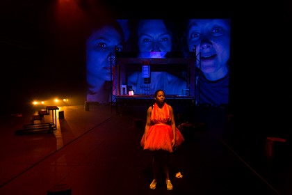 Production still for "Revolt. She Said. Revolt Again." Front: Elizabeth Esguerra. Rear L-R: Ming-Zhu Hii, Belinda McClory, Sophie Ross. Photographer: Pia Johnson