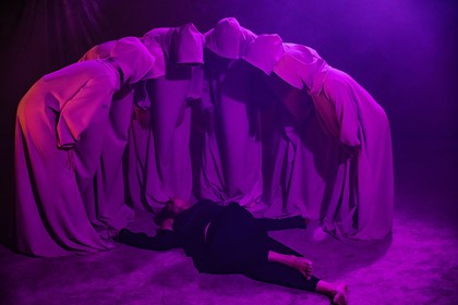 Production still for "My Dearworthy Darling". Jennifer Vuletic (centre). Photographer: David Paterson