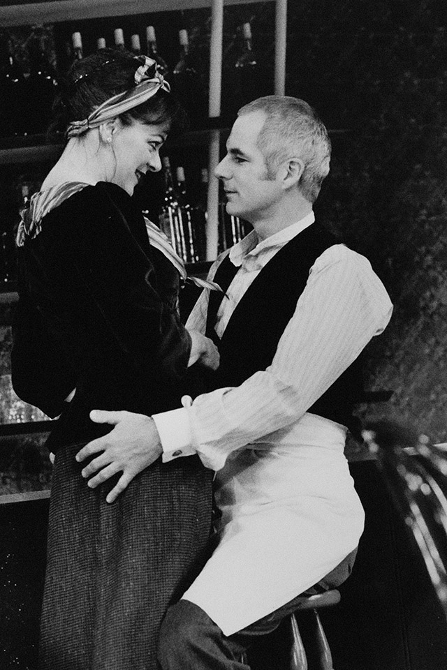 Production still for "Picasso at the Lapin Agile". L-R: Deborah Kennedy as Germaine, Shane Bourne as Freddy. Photographer: Jeff Busby