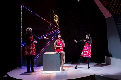 Production still from the STC season of "Going Down". L-R: Josh Price, Catherine Davies, Jenny Wu. Photographer: Brett Boardman