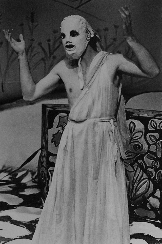 Production still for "The Bacchae". Warwick Comber as Dionysus. Photographer: Jeff Busby