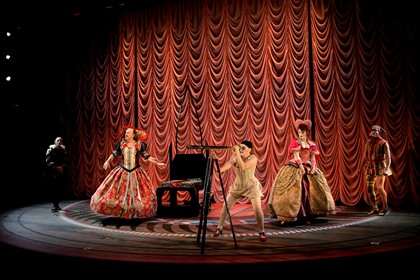 Production still for "Elizabeth, Almost by Chance a Woman". L-R: David Woods as Egerton, Bille Brown as Lady Donna Grozetta, Julie Forsyth as Elizabeth, Nikki Shiels as Martha, Chris Ryan as Thomas. Photographer: Jeff Busby 