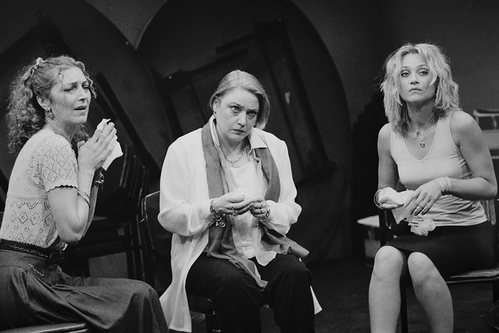 Production still for "Face to Face". L-R: Gina Gaigalis as Maureen, Andrea Swifte as Claire, Christine Stephen Daly as Julie. Photographer: Jeff Busby